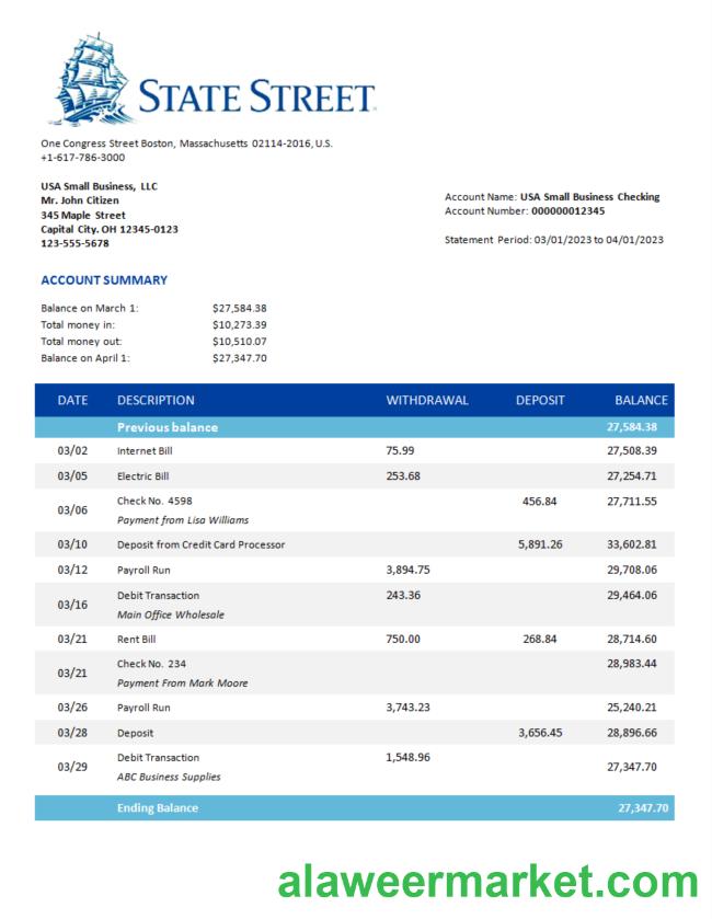 State Street Bank organization bank statement Word and PDF template